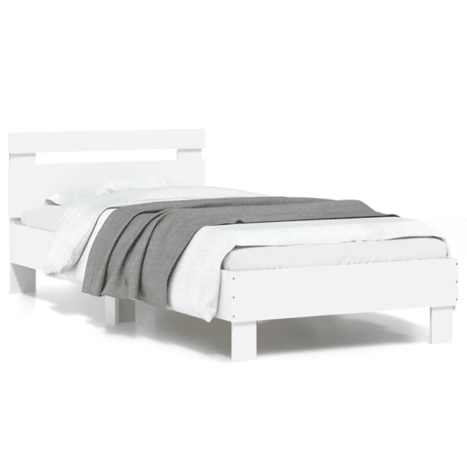 Estrutura de cama de solteiro para adultos c cabeceira e luzes LED 90x190 cm branco