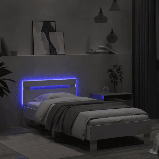 Estrutura de cama de solteiro para adultos c cabeceira e luzes LED 90x190 cm branco