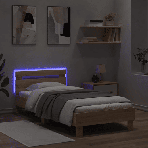 Estrutura de cama de solteiro moderno c cabeceiraluzes LED 90x190 cm carvalho sonoma