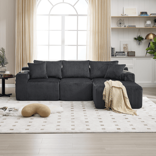 Sofá modular de 3 lugares - Chaise longue, 5 almofadas, bolsos laterais, porta-copos - Cinza