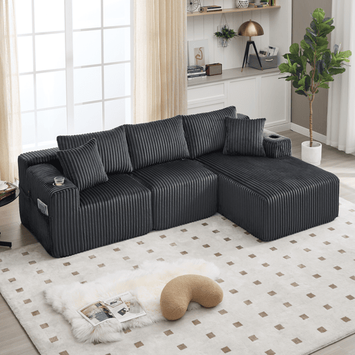 Sofá modular de 3 lugares - Chaise longue, 5 almofadas, bolsos laterais, porta-copos - Cinza