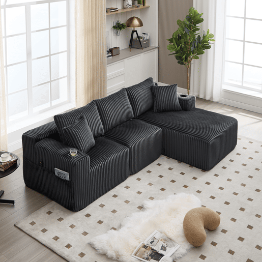 Sofá modular de 3 lugares - Chaise longue, 5 almofadas, bolsos laterais, porta-copos - Cinza