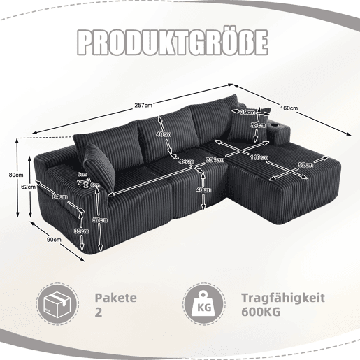 Sofá modular de 3 lugares - Chaise longue, 5 almofadas, bolsos laterais, porta-copos - Cinza