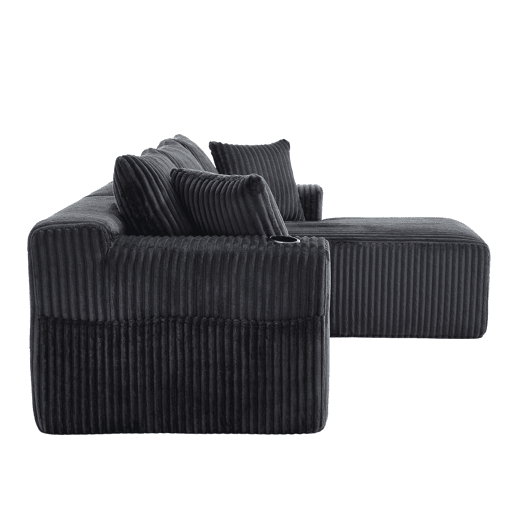 Sofá modular de 3 lugares - Chaise longue, 5 almofadas, bolsos laterais, porta-copos - Cinza