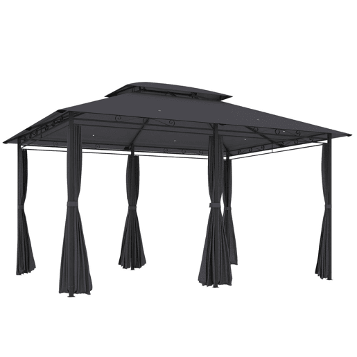 Outsunny Pérgola 3x4 m Pérgola de Jardim Pérgola com Teto Duplo 6 Paredes Laterais Estrutura Metálica Drenagem Tenda para Exterior Terraço Jardim Cinzento