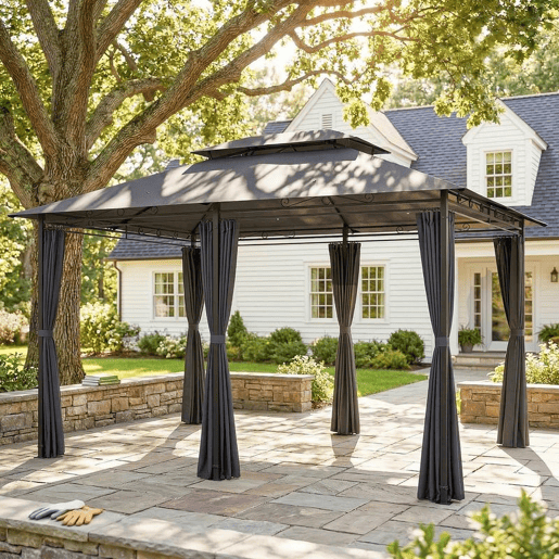 Outsunny Pérgola 3x4 m Pérgola de Jardim Pérgola com Teto Duplo 6 Paredes Laterais Estrutura Metálica Drenagem Tenda para Exterior Terraço Jardim Cinzento