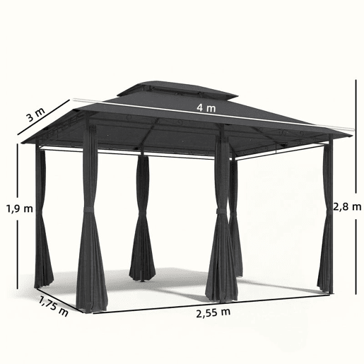 Outsunny Pérgola 3x4 m Pérgola de Jardim Pérgola com Teto Duplo 6 Paredes Laterais Estrutura Metálica Drenagem Tenda para Exterior Terraço Jardim Cinzento