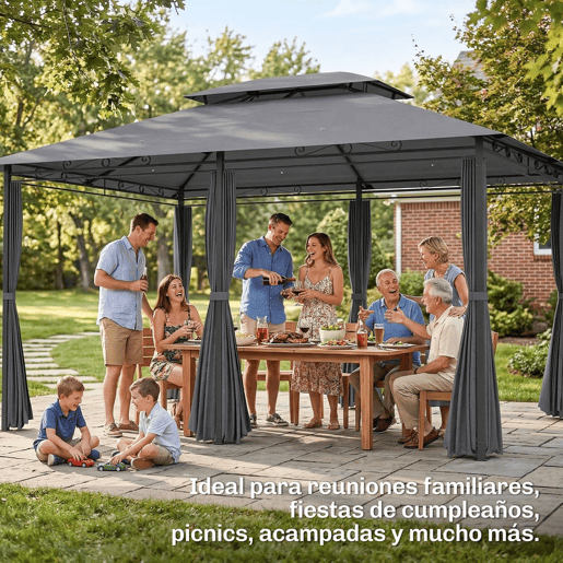 Outsunny Pérgola 3x4 m Pérgola de Jardim Pérgola com Teto Duplo 6 Paredes Laterais Estrutura Metálica Drenagem Tenda para Exterior Terraço Jardim Cinzento