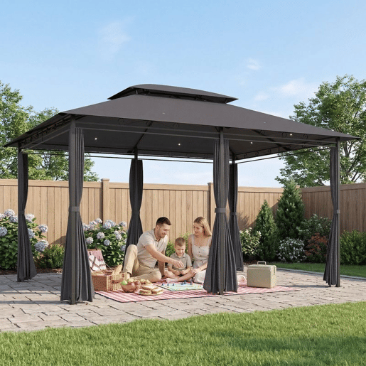 Outsunny Pérgola 3x4 m Pérgola de Jardim Pérgola com Teto Duplo 6 Paredes Laterais Estrutura Metálica Drenagem Tenda para Exterior Terraço Jardim Cinzento