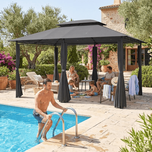 Outsunny Pérgola 3x4 m Pérgola de Jardim Pérgola com Teto Duplo 6 Paredes Laterais Estrutura Metálica Drenagem Tenda para Exterior Terraço Jardim Cinzento
