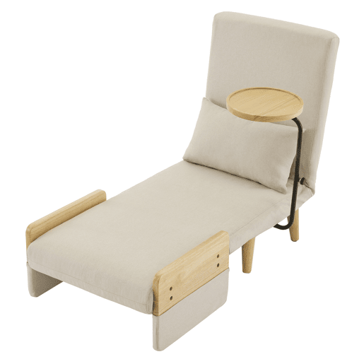 Poltrona 3 em 1 - Função cama, com bandeja de madeira, poltrona reclinável, assento acolchoado - Bege