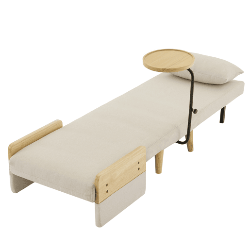 Poltrona 3 em 1 - Função cama, com bandeja de madeira, poltrona reclinável, assento acolchoado - Bege