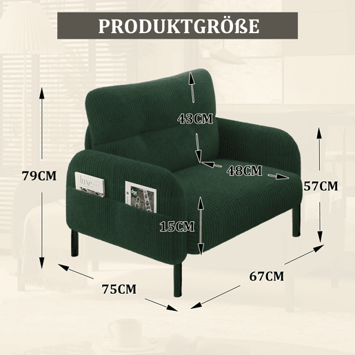 Poltrona de 1 lugar - Samtstoff, assento confortável, braços com bolsos laterais, estrutura sólida - Verde Esmeralda Poltrona de 1 lugar - Samtstoff, assento confortável, braços com bolsos laterais, estrutura sólida - Verde Esmeralda