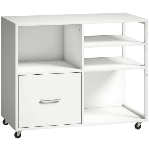 HOMCOM Móvel para Impressora com Rodas Mesa para Impressora com Prateleiras Abertas e Gaveta para Documentos Tamanho A4 e Carta Arquivador Móvel para Escritório em Casa 80x40x65,5 cm Branco