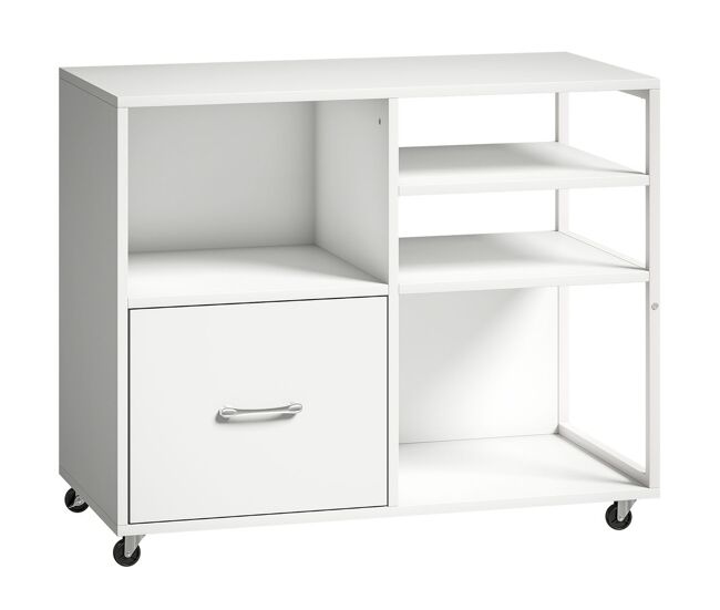 Homcom mueble para impresora con ruedas, mesa para impresora con estantes abiertos y cajón para documentos tamaño a4 y carta, archivador móvil para oficina en casa, blanco
