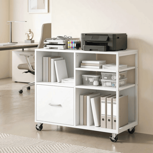 HOMCOM Móvel para Impressora com Rodas Mesa para Impressora com Prateleiras Abertas e Gaveta para Documentos Tamanho A4 e Carta Arquivador Móvel para Escritório em Casa 80x40x65,5 cm Branco