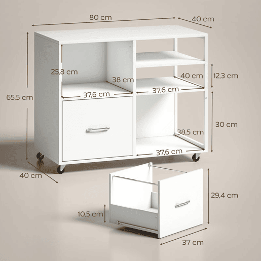HOMCOM Móvel para Impressora com Rodas Mesa para Impressora com Prateleiras Abertas e Gaveta para Documentos Tamanho A4 e Carta Arquivador Móvel para Escritório em Casa 80x40x65,5 cm Branco