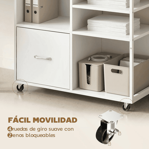 HOMCOM Móvel para Impressora com Rodas Mesa para Impressora com Prateleiras Abertas e Gaveta para Documentos Tamanho A4 e Carta Arquivador Móvel para Escritório em Casa 80x40x65,5 cm Branco
