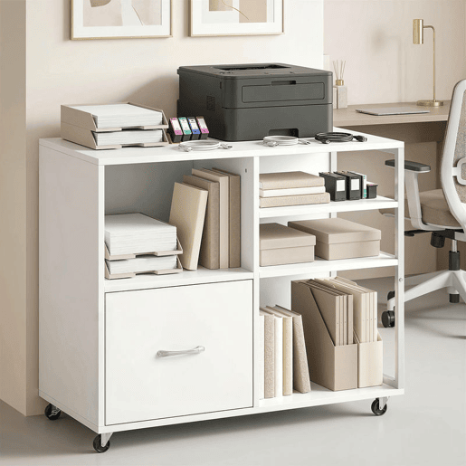 HOMCOM Móvel para Impressora com Rodas Mesa para Impressora com Prateleiras Abertas e Gaveta para Documentos Tamanho A4 e Carta Arquivador Móvel para Escritório em Casa 80x40x65,5 cm Branco