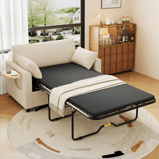 Sofá-cama de 2 lugares - com função de cama, porta USB, mesa lateral dobrável, colchão, roupa de cama e almofadas - bege