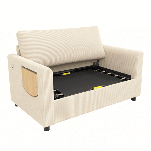 Sofá-cama de 2 lugares - com função de cama, porta USB, mesa lateral dobrável, colchão, roupa de cama e almofadas - bege