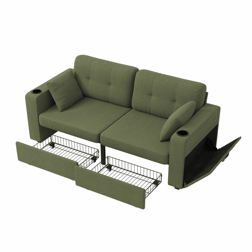 Sofá de 2 lugares - com arrumação, porta-USB, porta-copos e bolsos laterais - verde-oliva