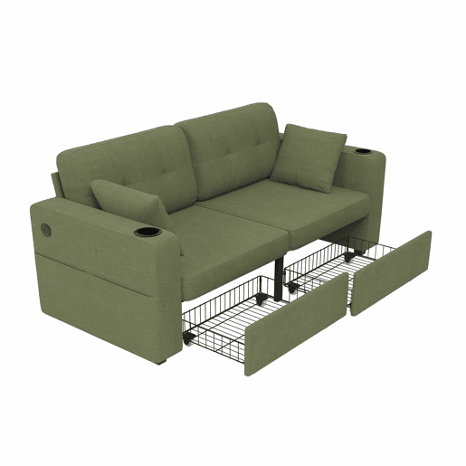 Sofá de 2 lugares - com arrumação, porta-USB, porta-copos e bolsos laterais - verde-oliva