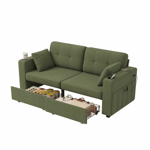 Sofá de 2 lugares - com arrumação, porta-USB, porta-copos e bolsos laterais - verde-oliva