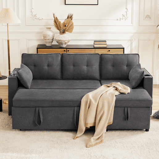 Sofá-cama em forma de L - Design moderno, sofá com arrumação e porta-copos - Cinza