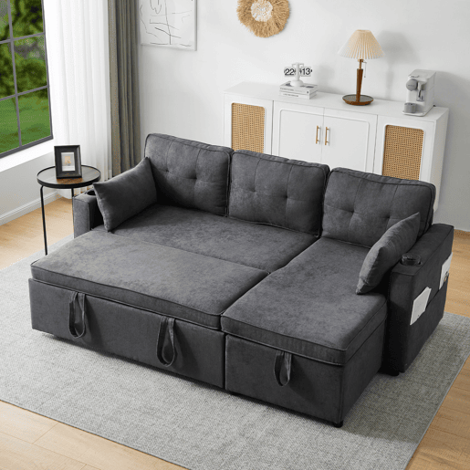 Sofá-cama em forma de L - Design moderno, sofá com arrumação e porta-copos - Cinza