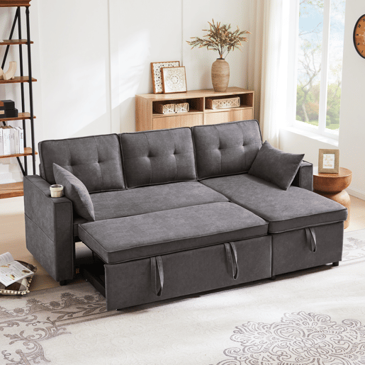 Sofá-cama em forma de L - Design moderno, sofá com arrumação e porta-copos - Cinza