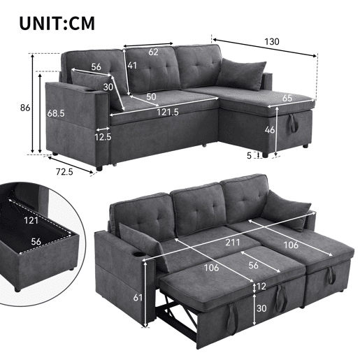 Sofá-cama em forma de L - Design moderno, sofá com arrumação e porta-copos - Cinza