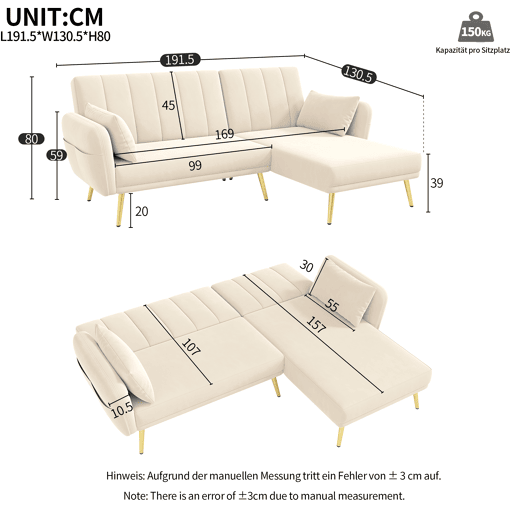 Sofá-cama moderno de 3 lugares - Sofá de canto com função de cama - Bege