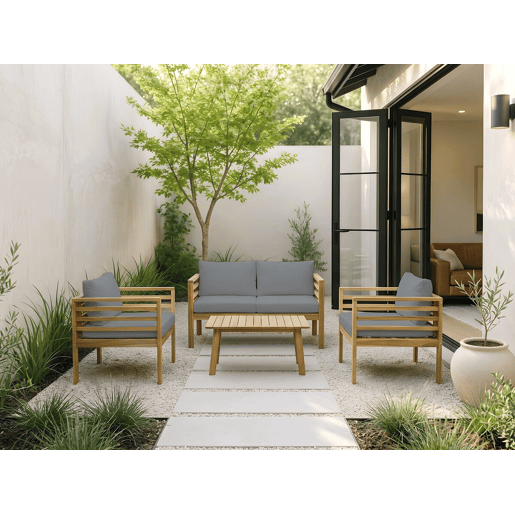Conjunto de mobiliário de jardim em madeira Beckham com almofadas - 4 lugares - Cinzento