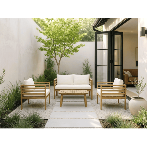 Conjunto de mobiliário de jardim em madeira Beckham com almofadas - 4 lugares - Bege