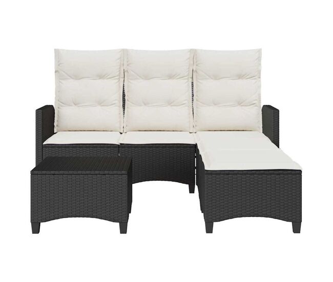 Conjunto de jardín urki 3 plazas con cojines + reposapiés/mesa negro 83-91x176x138-125 cm