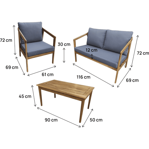 Conjunto de mobiliário de jardim em madeira Presley com almofadas - 4 lugares - Cinzento