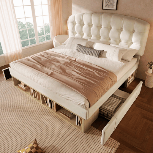 Cama de casal 140x200 - Estofada com cabeceira ajustável e gavetas - Bege