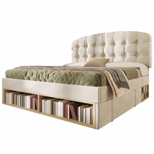 Cama de casal 140x200 - Estofada com cabeceira ajustável e gavetas - Bege
