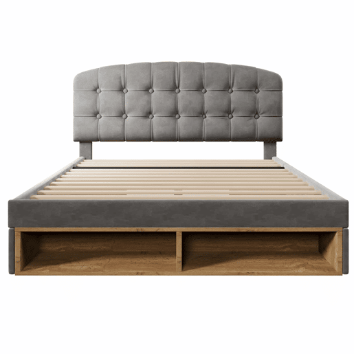 Cama de casal 140x190 - estofada em veludo, cabeceira ajustável, com gavetas e espaço de arrumação - cinzenta