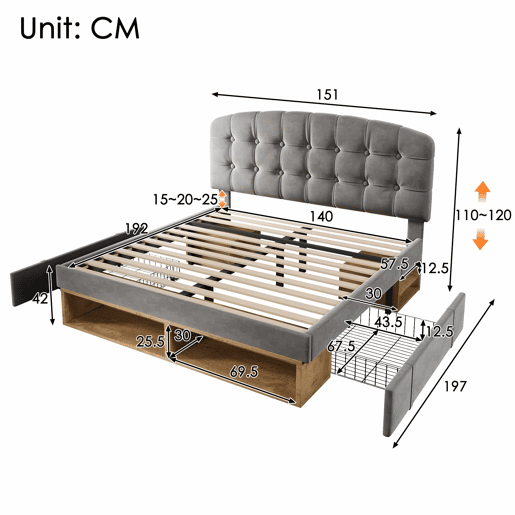 Cama de casal 140x190 - estofada em veludo, cabeceira ajustável, com gavetas e espaço de arrumação - cinzenta