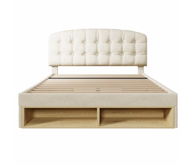 Cama doble 140x190 - tapizada en terciopelo, cabecero ajustable, con cajones y almacenamiento - beige