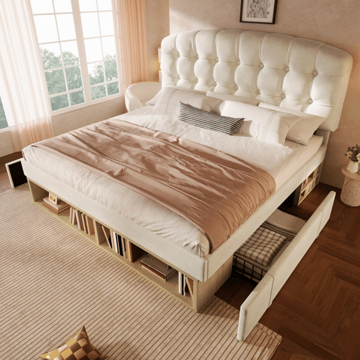 Cama de casal 140x190 - estofada em veludo, cabeceira ajustável, com gavetas e espaço de arrumação - bege