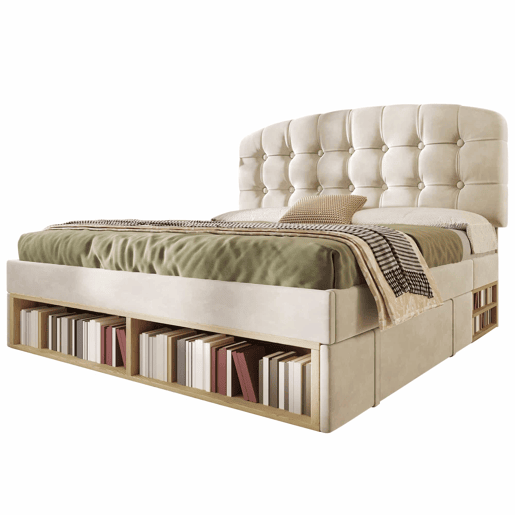 Cama de casal 140x190 - estofada em veludo, cabeceira ajustável, com gavetas e espaço de arrumação - bege