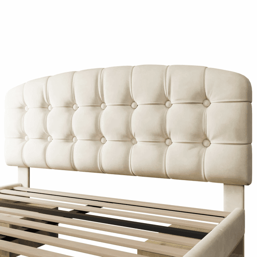 Cama de casal 140x190 - estofada em veludo, cabeceira ajustável, com gavetas e espaço de arrumação - bege
