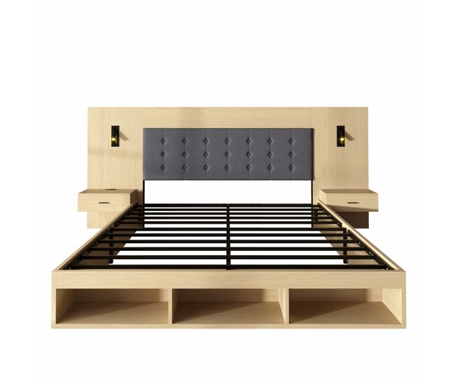 Cama doble 180x200 cm - cama con almacenamiento, mesitas, usb & type-c, lámpara de lectura - roble claro