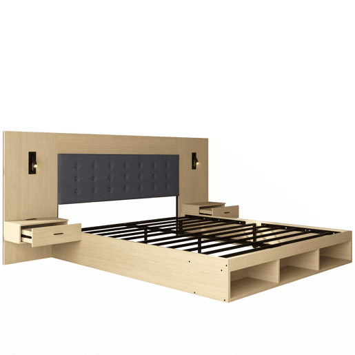 Cama de casal 180x200 cm - cama com arrumação, mesas de cabeceira, USB e Type-C, candeeiro de leitura - carvalho claro