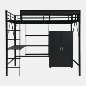 Cama alta 140x200 cm - Beliche com secretária e armário, armazenamento duplo - Preto