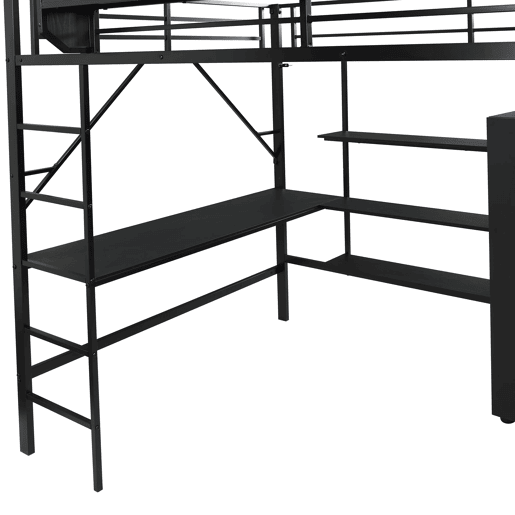 Cama alta 140x200 cm - Beliche com secretária e armário, armazenamento duplo - Preto