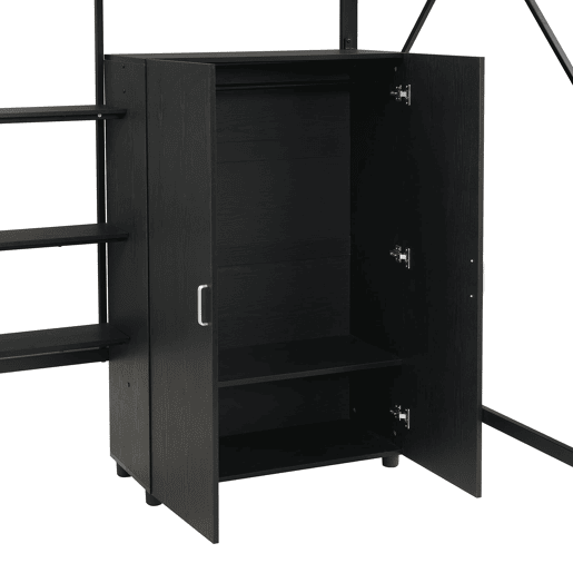 Cama alta 140x200 cm - Beliche com secretária e armário, armazenamento duplo - Preto